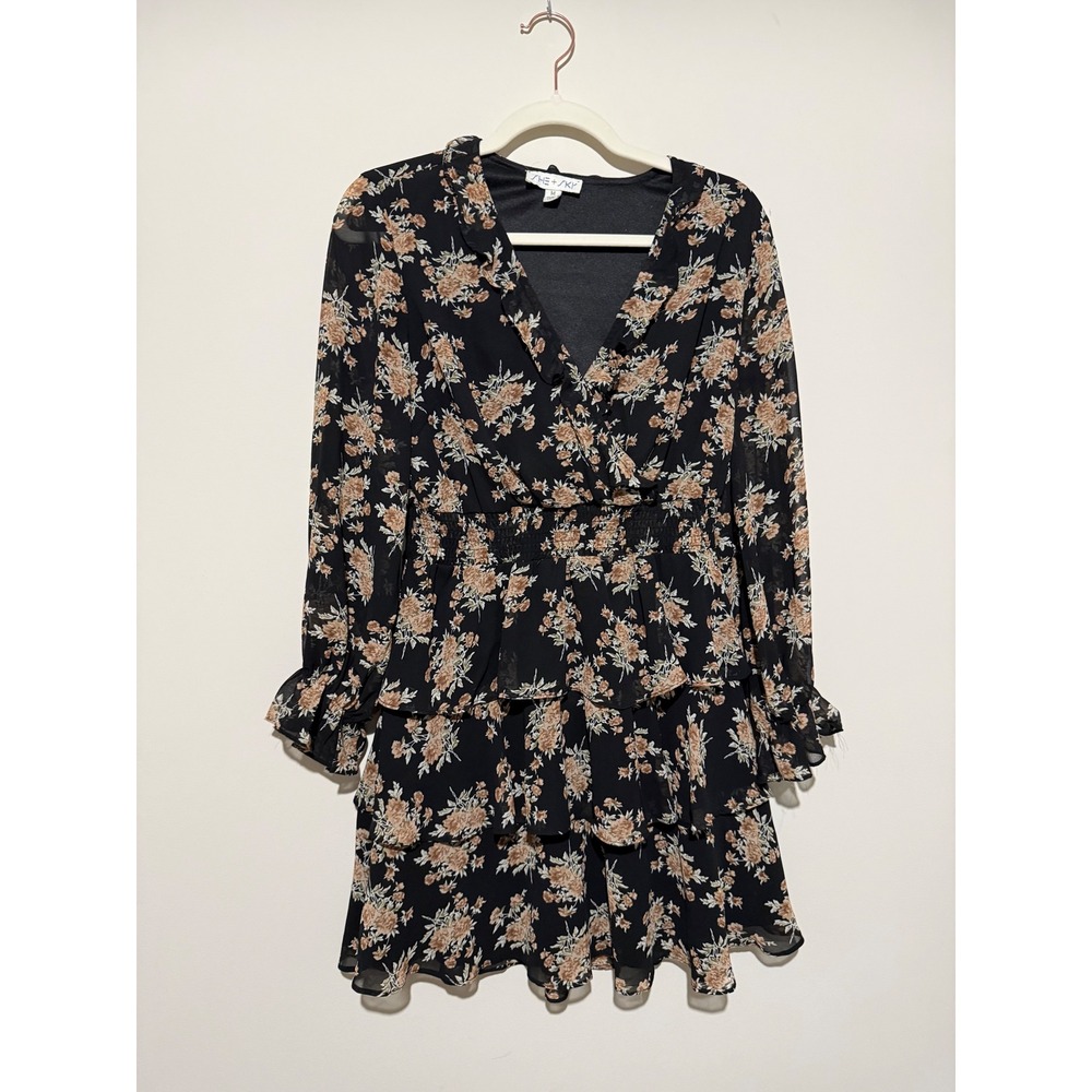 She + Sky Black Floral Tiered Ruffle Mini Dress Smocked Waist Long Sleeve M